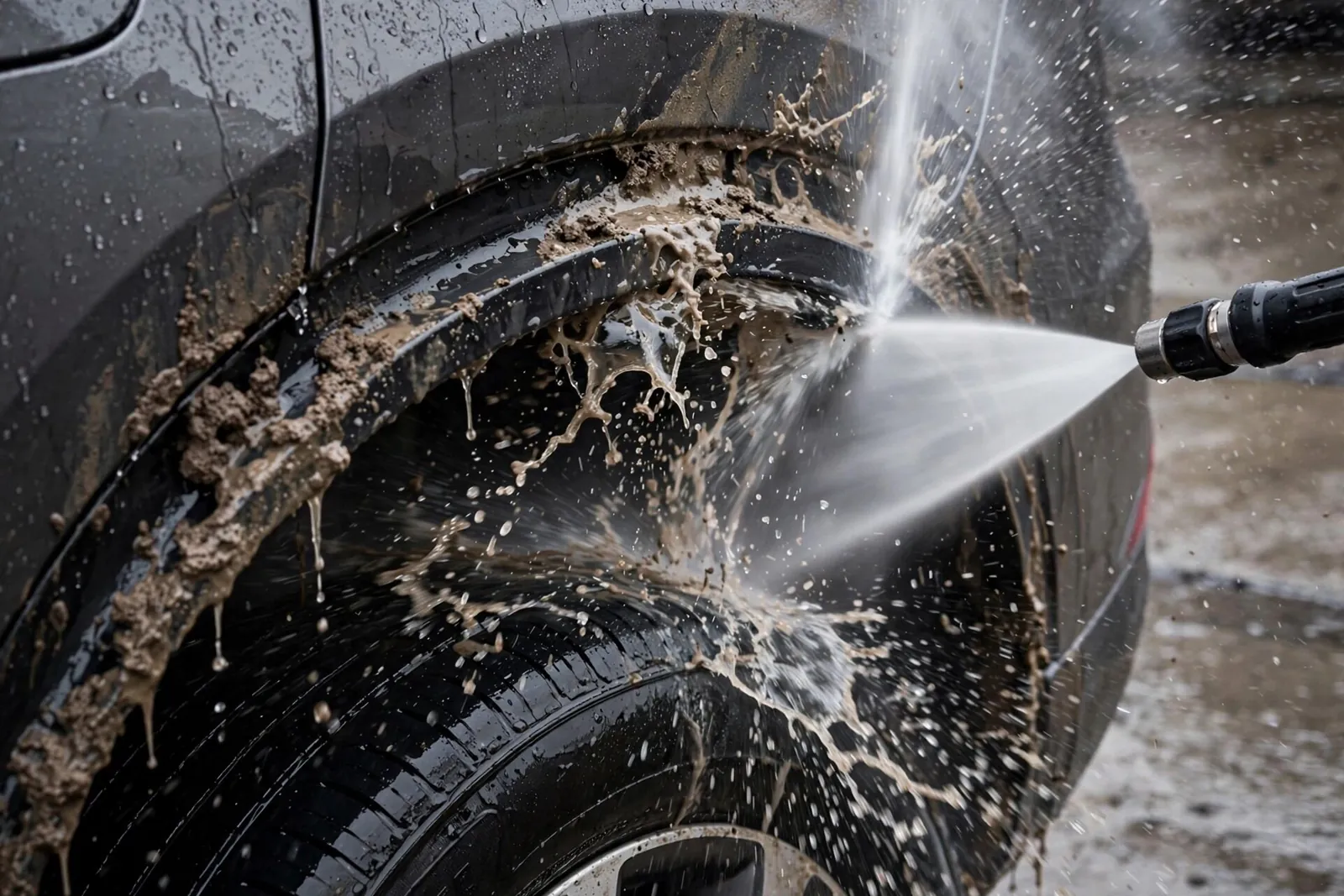 Pressure wash for wheel arches and sand Pressure washer removing mud and sand from a car wheel arch