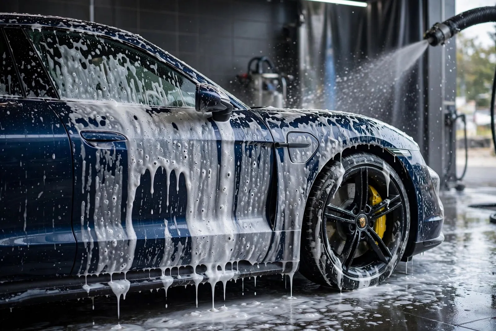 Foam exterior car wash — UAE Dark sports car covered in foam for an exterior car wash in the UAE