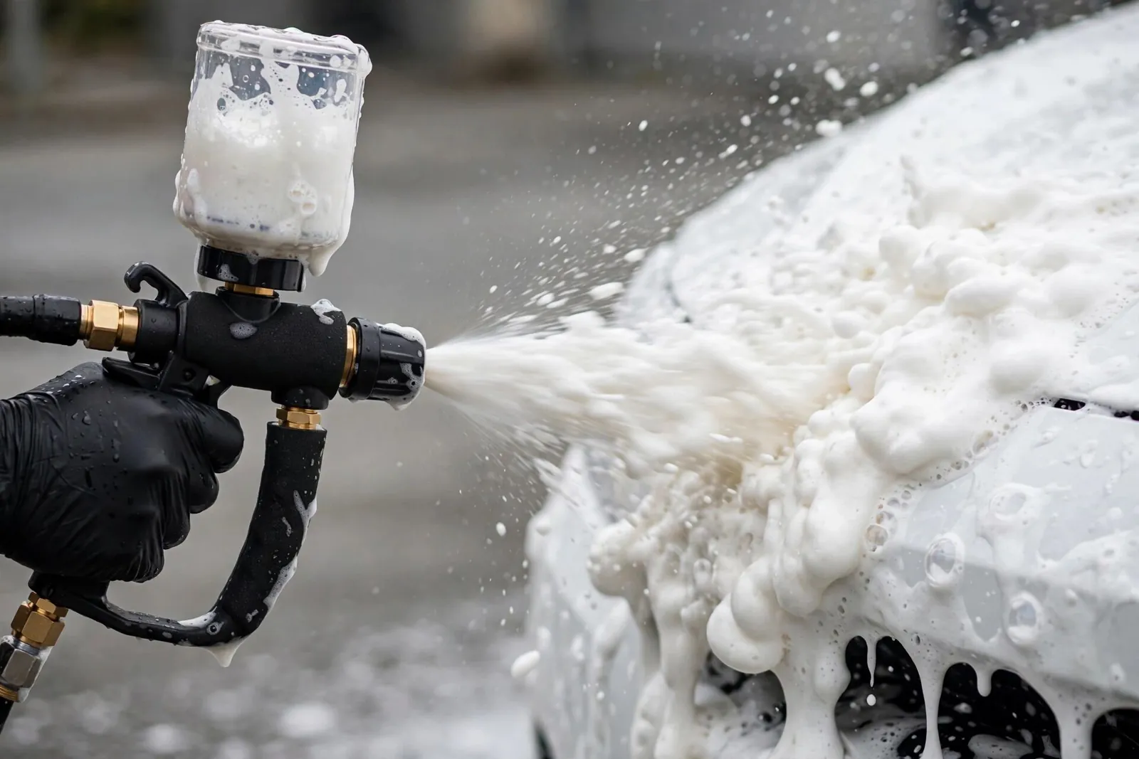 Snow foam car wash at home — Dubai Snow foam sprayed over a white car during a car wash at home in Dubai
