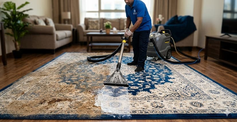 Professional carpet steam cleaning in progress at Dubai residence