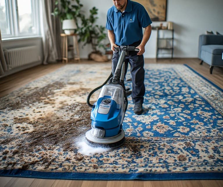 Professional rug cleaning with industrial equipment by Al Haya Dubai