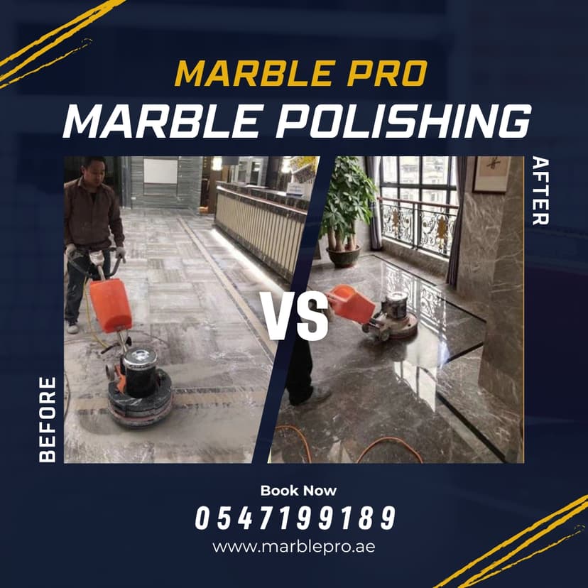 Marble polishing results showing restored shine on natural stone floor Dubai