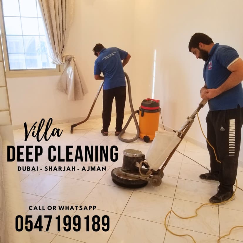Villa deep cleaning workers using floor polishing machine in Dubai residence by Al Haya